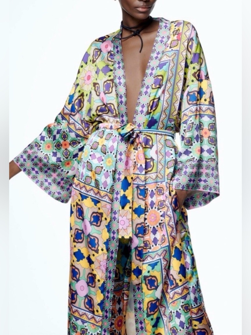Zara Multicolored Satin Effect Belted Kimono Split Hem Pockets Women’s Size XS-S